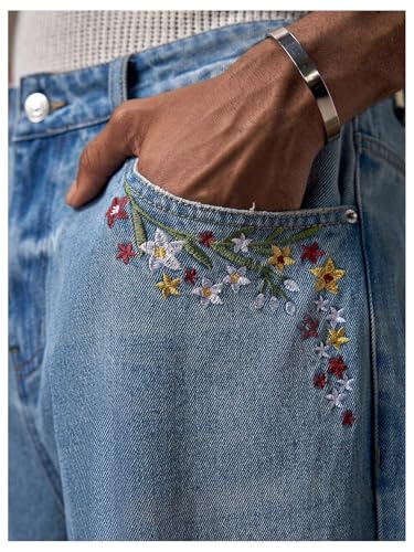 Men's Floral Embroidery Baggy Jeans High Waisted Wide Leg Denim Pants with Pockets4