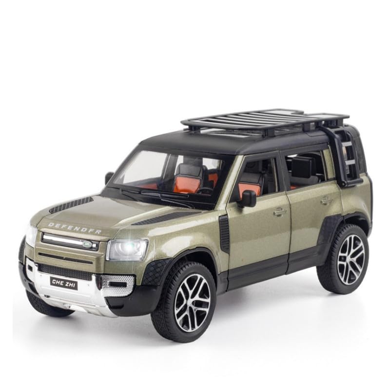 Image of PINQUE Kids New Car ‎1:24 Land Rover Defender Diecast Alloy Metal Pull Back Car with Openable Doors Music Sound and Light Vehicle Toy Car for Boys (Olive)