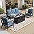 SUNSHINE VALLEY 4 Piece Black Metal Outdoor Patio Furniture Sets with Firepit Table, Patio Conversation Sets 1 3-Seater Sofa, 2 Single Sofa with 5.75" Thick Cushion Backyard Furniture for Deck, Navy