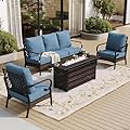 SUNSHINE VALLEY 4 Piece Black Metal Outdoor Patio Furniture Sets with Firepit Table, Patio Conversation Sets 1 3-Seater Sofa, 2 Single Sofa with 5.75" Thick Cushion Backyard Furniture for Deck, Navy