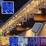 イルミネーションライト つらら ソーラー ライト 120球 5m LED クリスマスライト 屋外 防水 複数連結可 クリスマス イルミネーション 連結可能 屋外 コントローラー付き メモリー機能 8点灯パターン タイマー機能 LEDイルミネーションライト クリスマス飾り ツララ 氷柱ライト ベランダ 庭 大型ソーラーパネル 大容量バッテリー (ブルー(青))