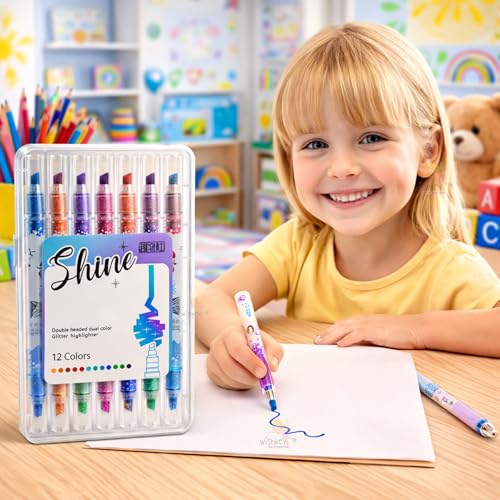 Image of WISHKEY Double-Head Glitter Marker Pens, Shining Non-Toxic Ink, Quick Drying Shimmery Colorful Highlighter Pens for Multipurpose, Stationery Items for Kids and Adults, 8+ Years (Pack of 6, Multicolor)