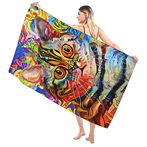 Lotsfuns Funny Cat Beach Towel Oversized Cute Colorful Cat Kitten Art Kitty Bath Towels For Kids Girls Women, Quick Dry Sand Free Absorbent Soft Bathroom Swim Pool Towels, Large 31.5X51.2 Inch #TOP1