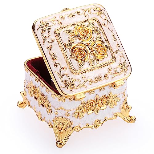 Image of Hipiwe Vintage Jewelry Box Trinket Organizer Enameled Metal Treasure Chest Ring Holder Earrings Storage Case Decorative Keepsake Box Gift for Women Girls, Small 3"x3"x2.4"