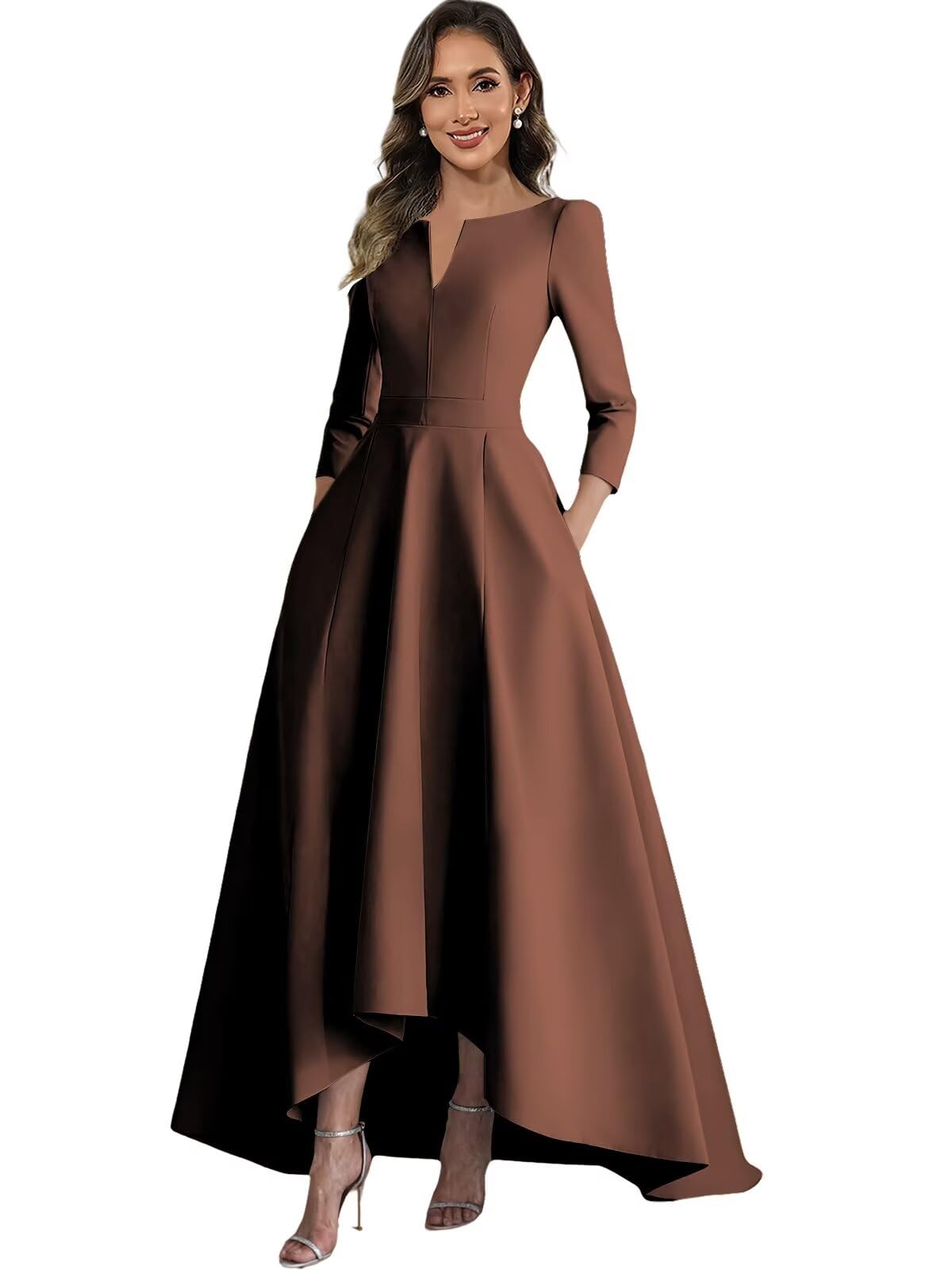 Long Sleeve Mother of The Bride Dresses for Women Satin High-Low Formal Evening Dresses with Pocket