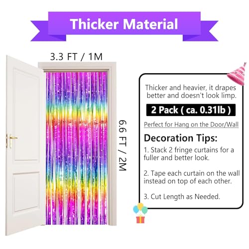 Image of Thicken Neon Rainbow Streamers 2 Pack 3.3 x 6.6 FT, Tinsel Backdrop Curtains for Birthday Decrorations, Foil Fringe Photo Backdrop for 80s 90s Disco Party Decorations