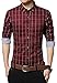 LOCALMODE Men's 100% Cotton Long Sleeve Plaid Slim Fit Button Down Dress Shirt,Wine Red,Medium