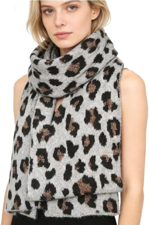 Leopard Print Scarf, Gray with Black and Brown Spots, Soft Knit Winter Wrap