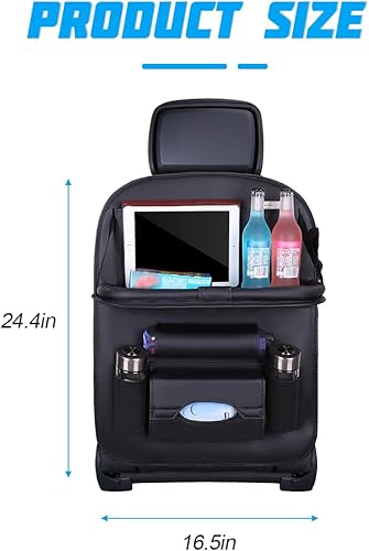 Miniatura 2 de Organizador de respaldo de asiento de automóvil, bolsillo de almacenamiento de cuero para el respaldo del vehículo con bandeja de mesa plegable,