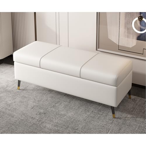 Banco rectangular de piel sintética extra larga para sala de estar y entrada, baúl de almacenamiento con cojín blanco, 150 cm