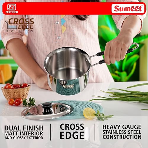 Image of Sumeet ISI Certified HeavyPly Premium Stainless Steel Cross Edge Induction & Gas Stove Friendly Saucepan /Milk Pan /Tea Maker with Lid - 1150ml