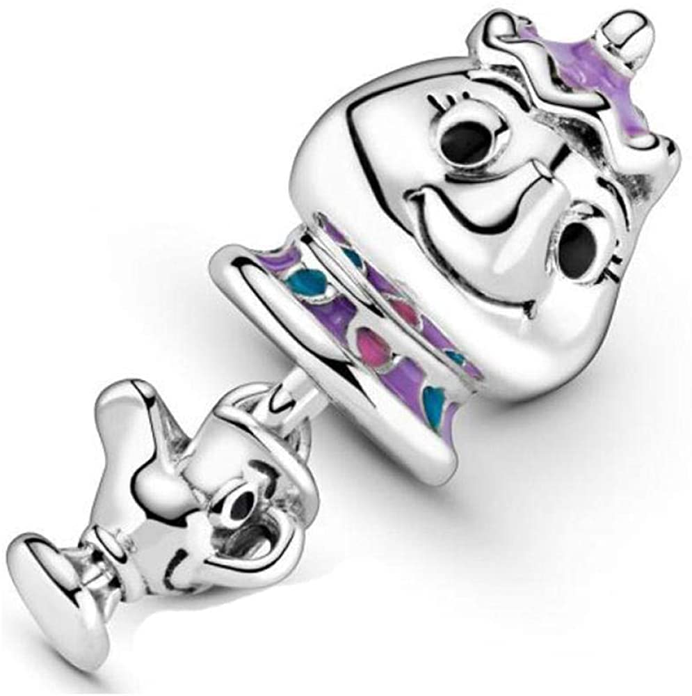Beauty and the Beast Mrs. Potts Teapot & Chip Solid Sterling Silver Dangle Charm - Compatible with all European style Charm Bracelets, Chains and Necklaces.