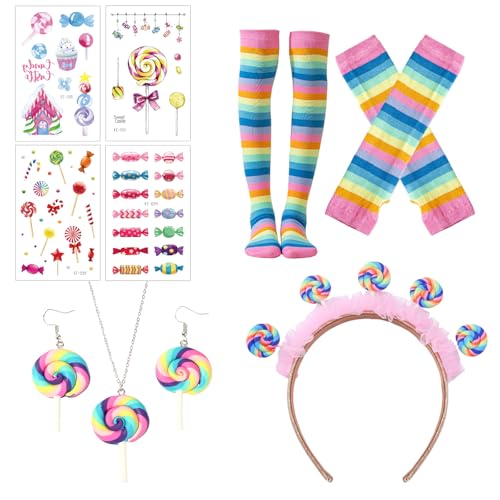 GWAWG Lollipop Kostüm Damen Set Candy Kostüm mit Lollipop Haarreif Fingerlosen Handschuhen Ohrringen Halskette Tattoos Overknees Strümpfe Bonbonfarben Accessoires Karneval Fasching Halloween Party