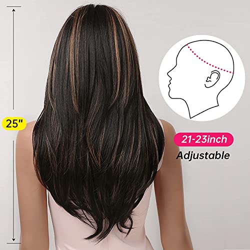 Image of Women's Full Head Wig - Shoulder Straight Length Highlight Black Layered Synthetic Hair Extension for Women and Girls Medium