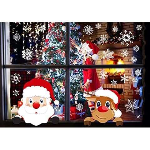 Christmas Window Clings 196PCS 9 Sheet Christmas Window Clings Snowflake Window Stickers for Glass Xmas Holiday Santa Snowman Reindeer Snowflake Decals for Party Cover
