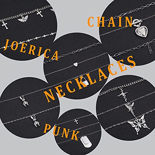 Joerica 9 Pcs Layered Chain Necklaces Set For Women Men Gothic Black Leather Choker Necklaces Adjustable Silver Punk Pendant Necklaces With Lock Heart Butterfly #TOP4