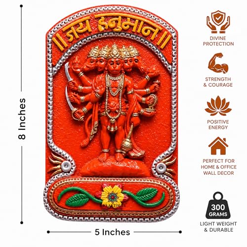 Image of Sindoori Panchmukhi Hanuman Wall Hanging Idol for Home Decor | Marble Dust Hanuman Ji Murti for Pooja Room Temple Entrance Vastu Gift | Orange Glossy Finish