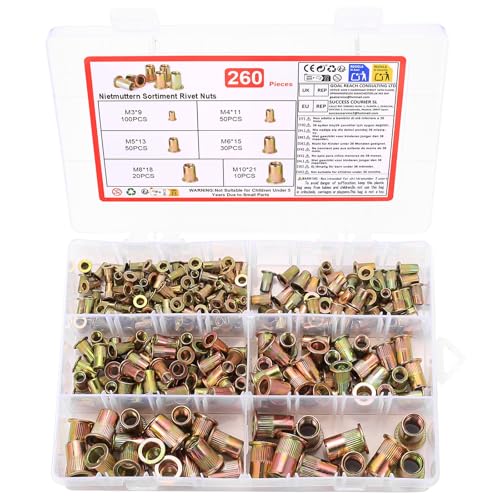 Juego De 260 Tuercas De Remache De Cabeza Plana, Surtido De Tuercas De Remache, M3, M4, M5, M6, M8, M19, Tuercas Roscadas, Remaches De Rosca, Tuercas De Remache Ciego, Para Remaches De Remache, Placas
