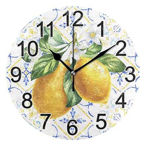 Boenle 10 X 10 X 0.2 INCHES Mediterranean Lemons Tile Wall Clock Non Ticking Silent Kitchen Clock Large Battery Operated Clocks 10 Inch cover