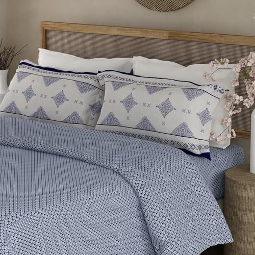 Image of BOUTIQUE LIVING Heritage Walk 100% Egyptian Cotton 200 TC Blue Ethnic Print King Bedsheet with 2 Pillow Covers