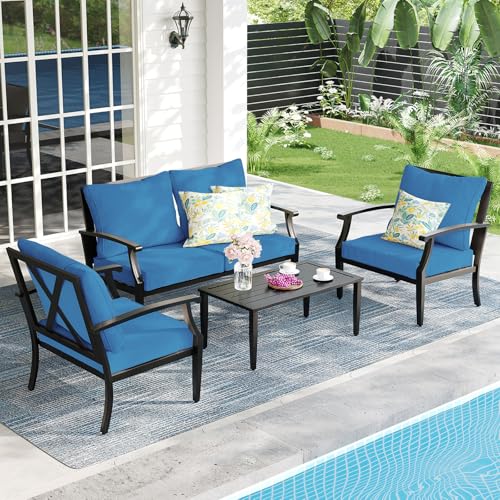 SunloungeCo 4-Piece Patio Furniture Set, Wider Outdoor Metal Seating Sofa with High Back & Loveseat, Coffee Table, All Weather Metal Conversation Set for Backyard, Poolside, Deck-Peacock