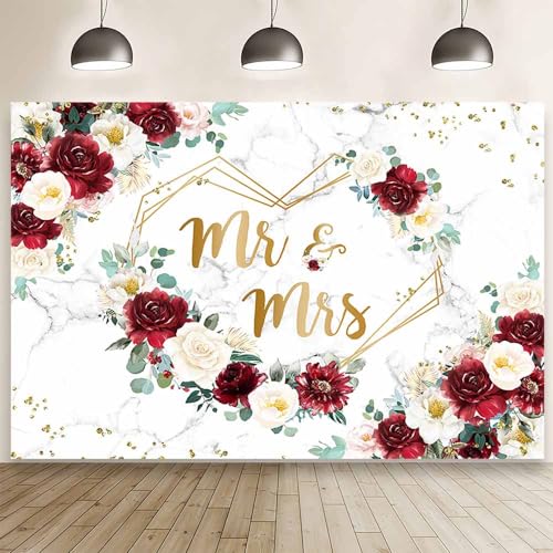 AIBIIN 7x5ft Mr and Mrs Floral Backdrop for Bridal Shower Red and White Flowers Photography Background Hearts Geometric Couple Wedding Party Decorations Bride to Be Engagement Banner Props