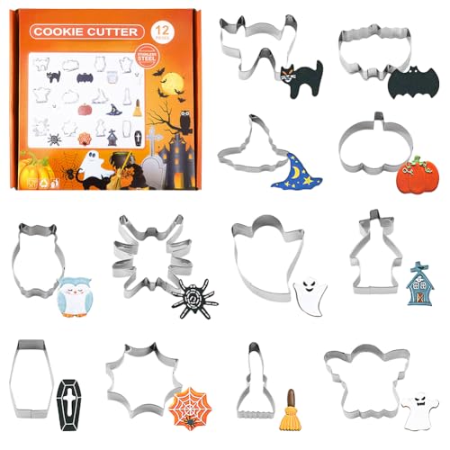MIFKLMV Halloween Cookie Cutter Set 12 Shapes Biscuit Cutters Halloween Ghost Bat Pumpkin Cat Witch Spider Etc. for Baking Stainless Steel