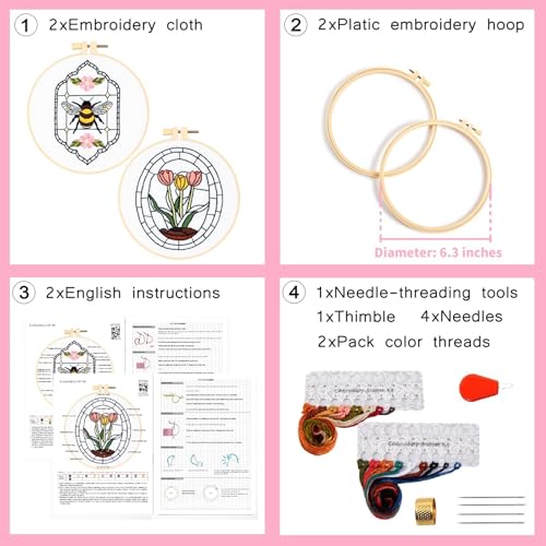 Image of Armindou Flowers Bee Embroidery Kits for Beginners Adults, Floral Hand Embroidery Set Needlepoint DIY Kits, Stamped Cross Stitch Kits for Beginners Adults, 2 Embroidery Hoops (Attached Video Tutorial)