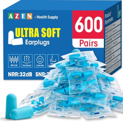 Image of AZEN 600 Pairs Ear Plugs, NRR 32dB Soft Foam Ear Plugs for Sleeping Noise Cancelling, Earplugs for Concerts Shooting Swimming Noise Reduction,Individually Wrapped (Lake Blue)