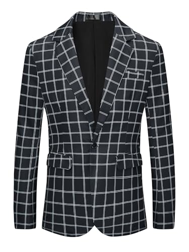 Image of Lars Amadeus Plaid Blazers for Men's Notch Lapel Contrasting Color Checked Pattern Sports Coat Black S