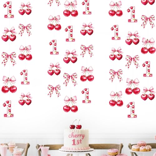 Image of Cherry 1st Birthday Decorations Sweet Floral Cherries Pink Bow Hanging Streamer Garland Banner for Happy First Birthday Baby One Year Bday 1st Wedding Anniversary Party Decorations Supplies