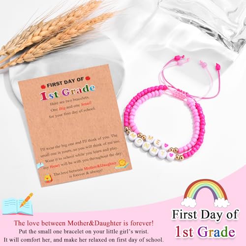 MOMMY& ME Back to School/First Day of School Bracelet Gifts, First Day of Kindergarten Preschool First/Second Grade Bracelet Gifts, Set of 2 Pink Small Beads Bracelet for Girls3