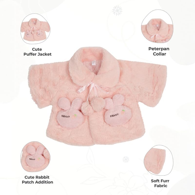 LITTLE GINNIE Fur Winter Jacket for Baby Girls 2-3 Years - Peach | Poncho with Pom-Pom | Stylish Winter Wear Coat for Kids 3