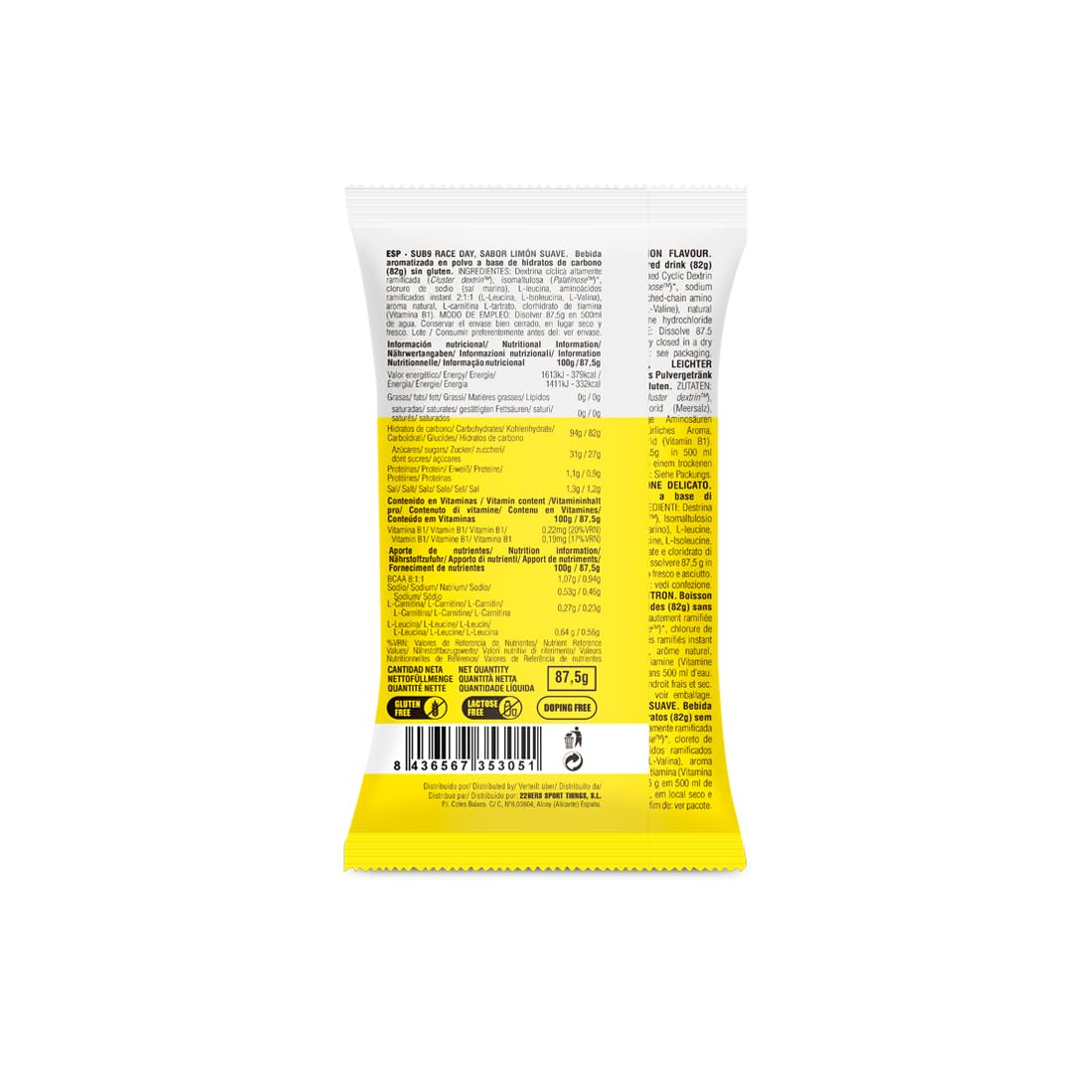 226ERS - Sub9 Race Day, Monodosis, Bebida Energética para Deportistas, en Polvo, Hidratos de Carbono, BCAA, Sodio y L-Carnitina, sin Gluten y sin Lactosa, Libre de Doping, Sabor Limón, 1 sobre