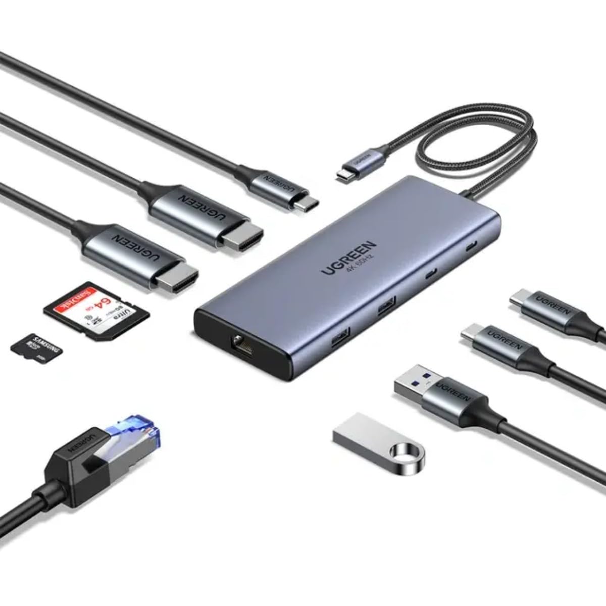 UGREEN Hub 10-en-1 USB-C 2HDMI 4K60Hz 2USB-C3.2 USB-A3.2 USB-A3.0 RJ45 SD TF PD100W