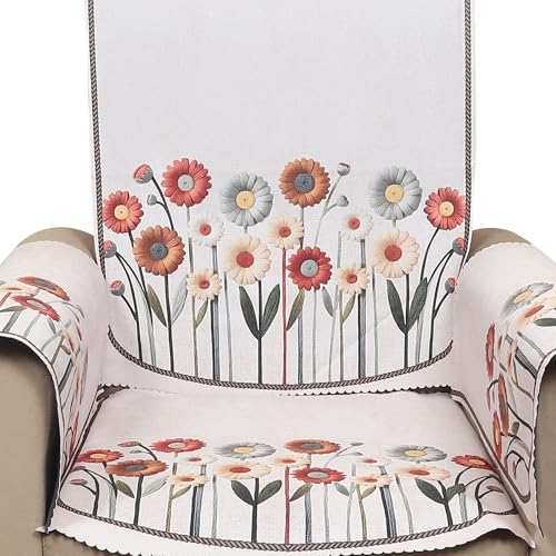 Image of Velvet 5 Seater Sofa Cover with 10 Seat and Back Covers - Floral Daisy Print - Washable Fabric - Stylish Sofa Cover for Modern Living Room (Beige, 5 Seater Without Arm Covers)
