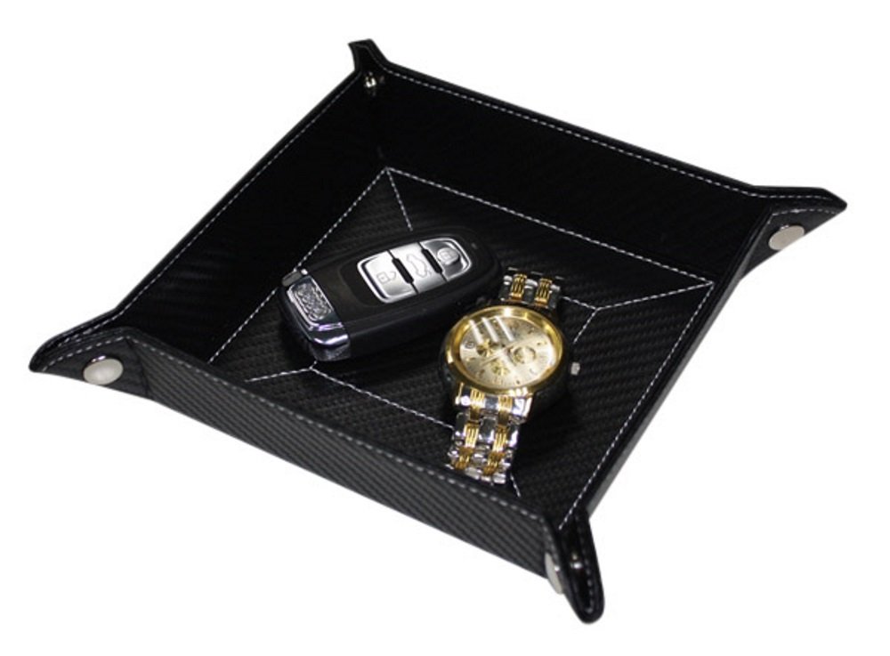 Black Carbon Fiber Catchall Coin Case Valet Tray & Catch-all for Keys, Phone, Jewelry, Valet, Accessories