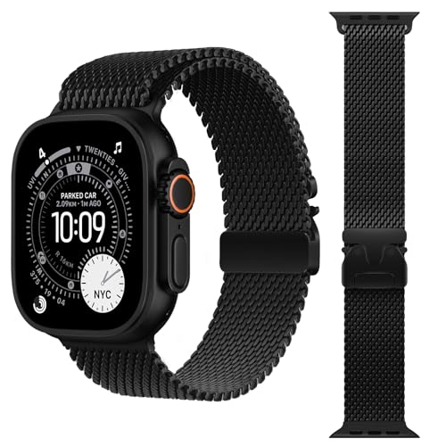 Titanium Milanese Loop Band Compatible with Apple Watch Bands Ultra 3/2/1 49mm 46mm 45mm 44mm for Men Women Parachute-style Buckle Metal Mesh Bracelet Strap for iWatch Series 11 10 SE 9 8 7 6 5 4