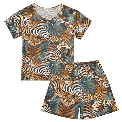 ALAZA Leopard Zebra Palm Leaf Color Pajamas Short Sleeve 2 Piece Sleepwear Top and Bottom Pajama Set Unisex