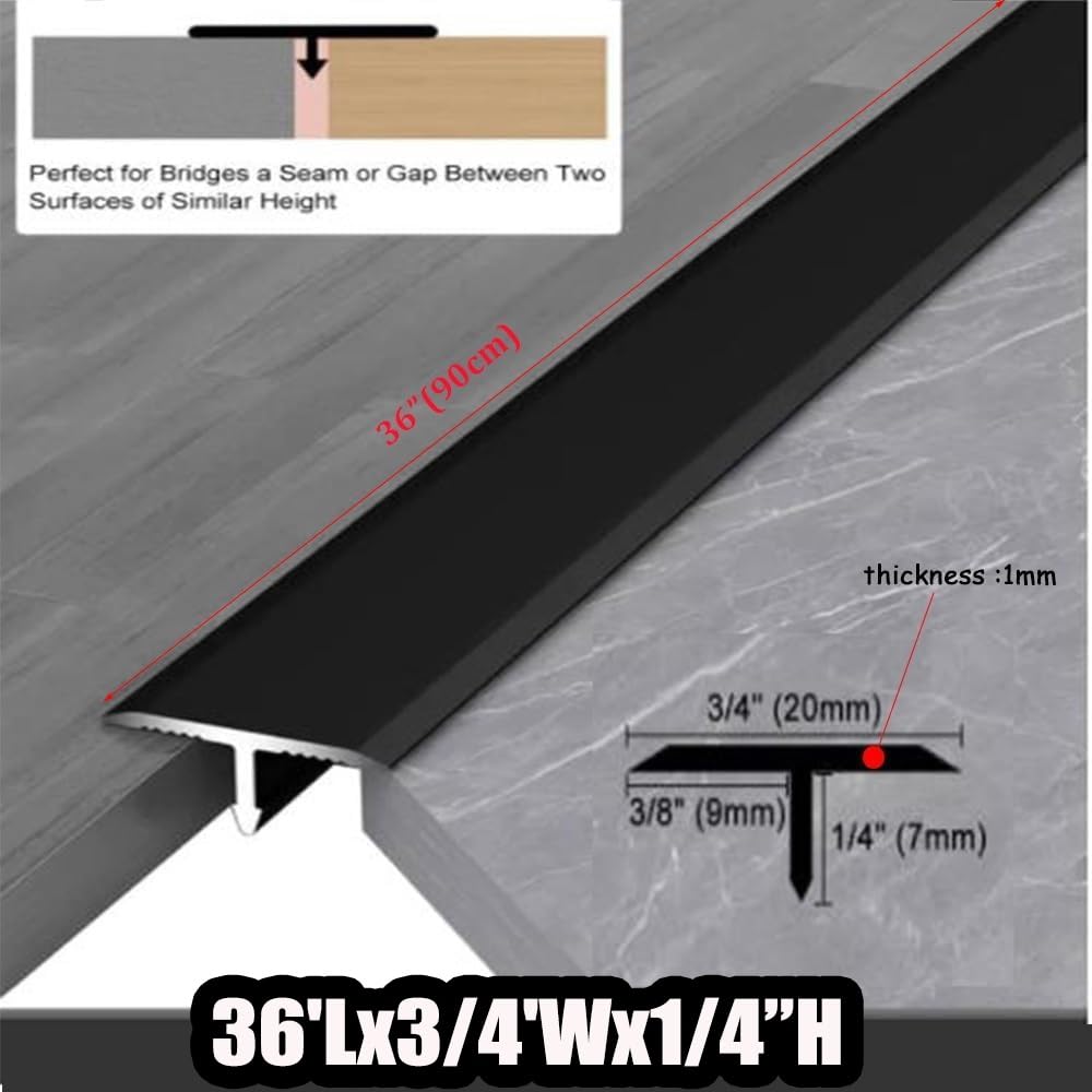 Listwa wykończeniowa do podłóg w kształcie litery T, listwy przejściowe 90 cm, listwy maskujące, metalowe łączące do podłóg laminowanych, winylowych, płytek i drewna(Black,90x2cm)