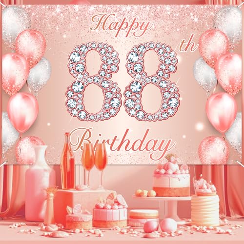 Image of Happy 88th Birthday Rose Gold Banner Cheers to 88 Years Old Backdrop Confetti Balloons Theme Decor for Women 88 Years Old Pink Birthday Party Decorations Bday Supplies Background Favors Gift Glitter