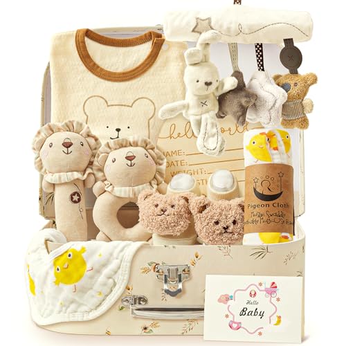 9pcs Newborn Baby Gifts for Boys Girls, Baby Shower Gifts for Baby Infant Toys 0-6 Months with 2 Rattle & Seat Toy, Blanket/Onesies/Bib/Socks/Memory/Carry Box, New Born Essential Stuff Gift