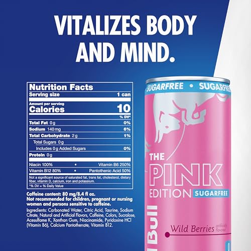Image of Red Bull Energy Drink, Pink Edition Wild Berries, Sugar Free | 8.4 fl. oz. | Pack of 12 | 80mg Caffeine | Taurine & B Vitamins
