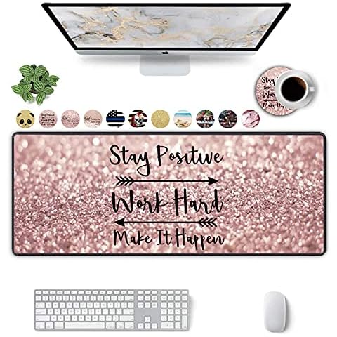 ZHEERIY Large Extended Gaming Mouse Pad Stay Positive Work Hard & Make It Happen Rose Gold Silver Glitter with Non-Slip Base,Desktop Suitable for Gamers Desktop Office + Cup Coaster, XX-Large Cover