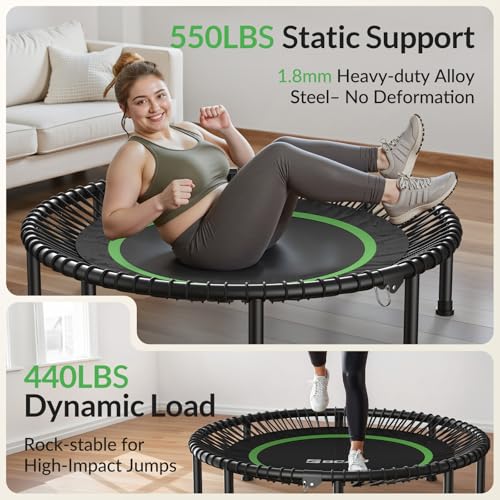 BCAN 450/550 LBS Foldable Mini Trampoline, 40"/48"/50" Fitness Trampoline with Bungees, Adjustable Foam Handle, Stable & Quiet Exercise Rebounder for Kids Adults Indoor/Garden Workout - Image 4