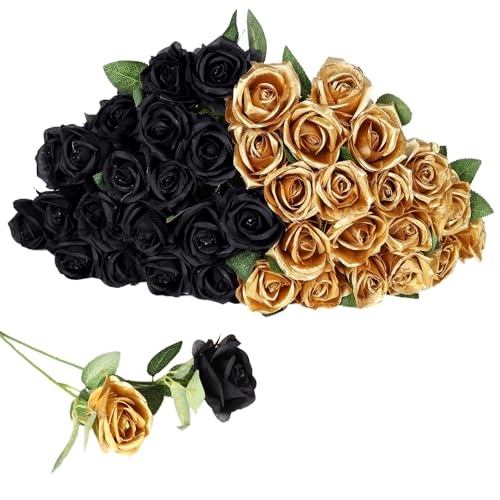 IHFAIO 40 PCS Artificial Flowers Fake Roses with Long Stem Realistic Artificial Flowers Bulk for Halloween Wedding Party Home Kitchen Decor (Black+Gold)