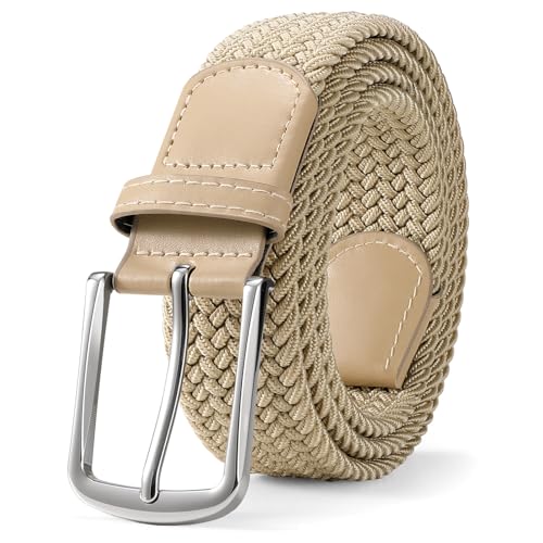 Image of WHIPPY Stretch Mens Belt Braided Elastic Belt for Men Gift Woven Golf Belt for Casual Jeans Trousers Pants, Beige, M: Fit Waist up to 39.37"