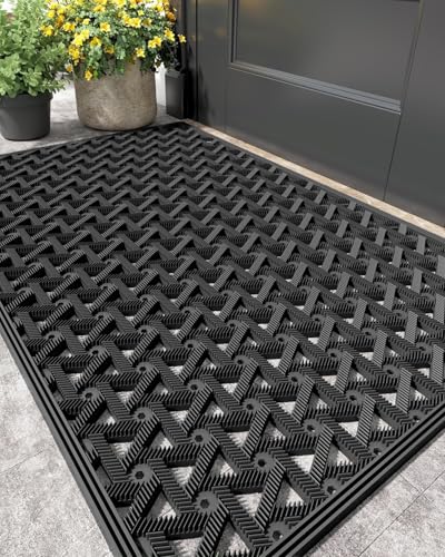 COLOR&GEOMETRY Door Mat Outside Entrance with Drainage, Rubber Heavy Duty Dirt Trapper Waterproof Outdoor Welcome Mat, Outdoor Mats All Weather for Front Back Door Patio Entryway Entry,48.5x75cm Black