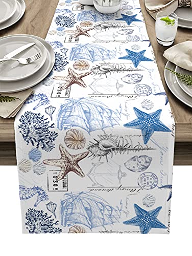 Beach Coastal Nautical Table Runner 36 Inches Small Cotton Linen Tablerunner Dresser Scarves,Undersea Shell Starfish Coral Hippocampus Boat Burlap Runner Nautical Decor for Dinner/Coffee/Party/Wedding