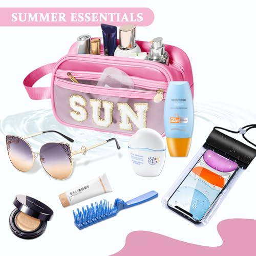 Image of COSHAYSOO Clear Sunscreen Bag Makeup Toiletries Pouch Beach Vacation Essentials Summer Travel Stuff Accessories Personalized Graduation Gifts for Her Women College Teen Girls Teacher Nurse Pink SUN